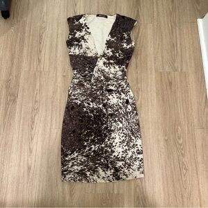 Roberto Cavalli Cow Hide Deep V Sheath Pencil Dress Animal Print Sleeveless